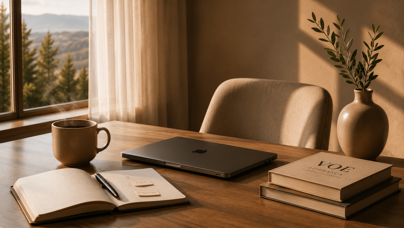 Mesa de trabalho com notebook, café e caderno