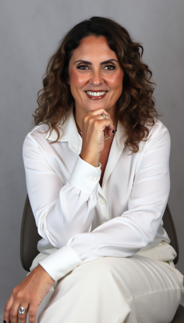 Gi Ferreira sorrindo, blusa branca